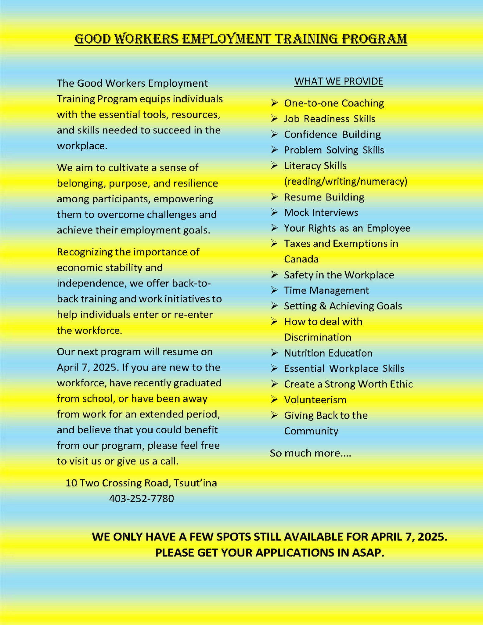 Good Workers Employment Training Program | Tsuut’ina