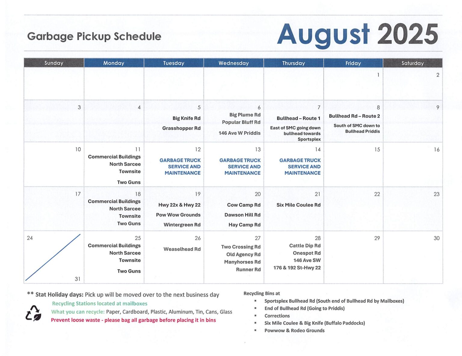 Garbage Pickup Schedule - August 2025 | Tsuut’ina