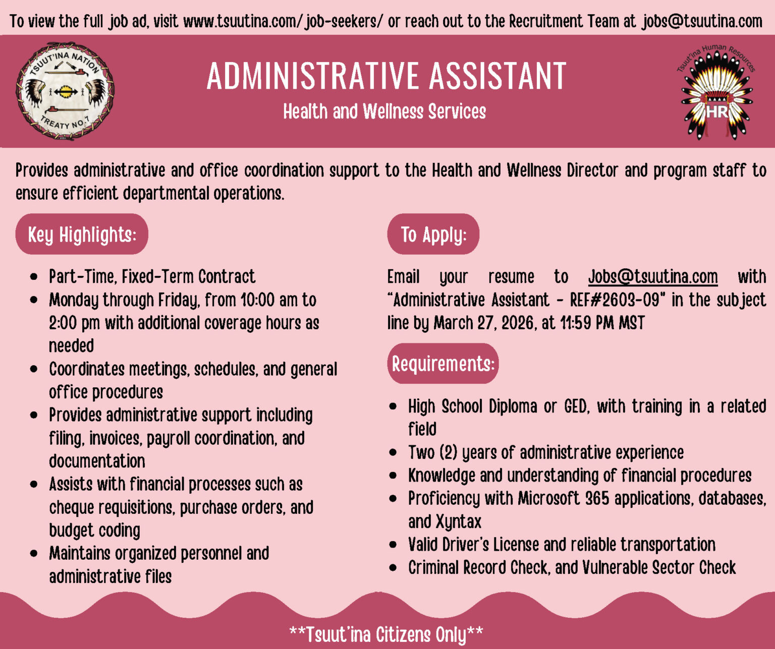 Administrative Assistant - Position Summary | Tsuut’ina