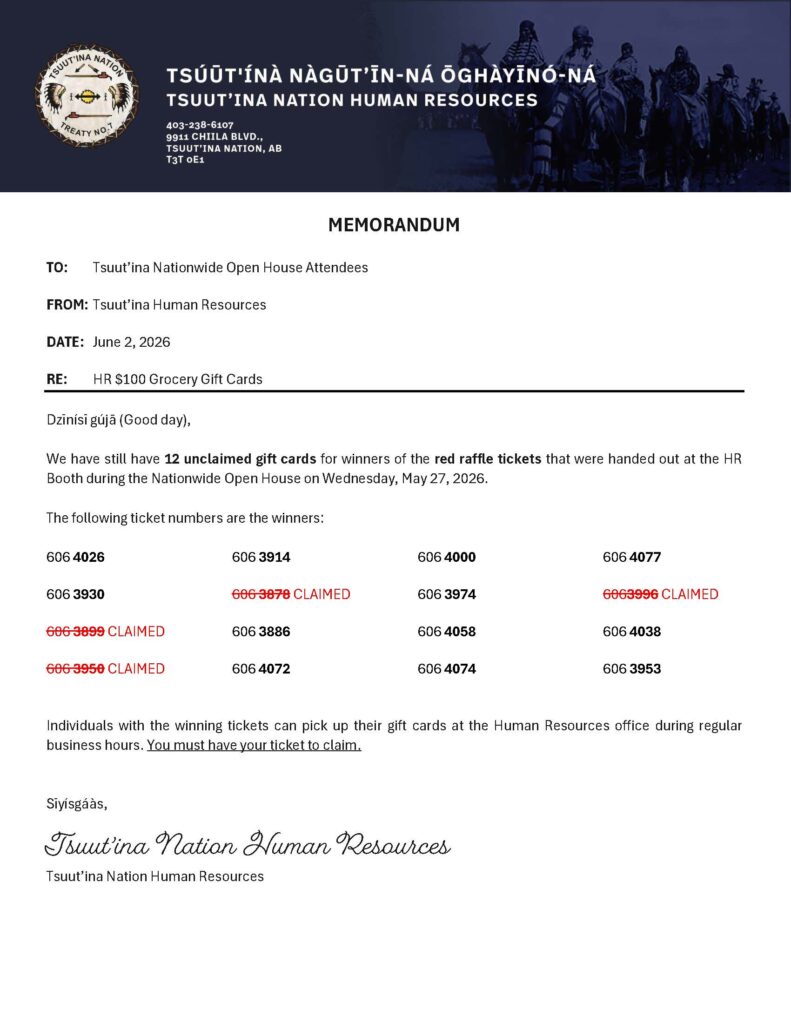 HR Open House 2026 Raffle Ticket Winners | Tsuut’ina